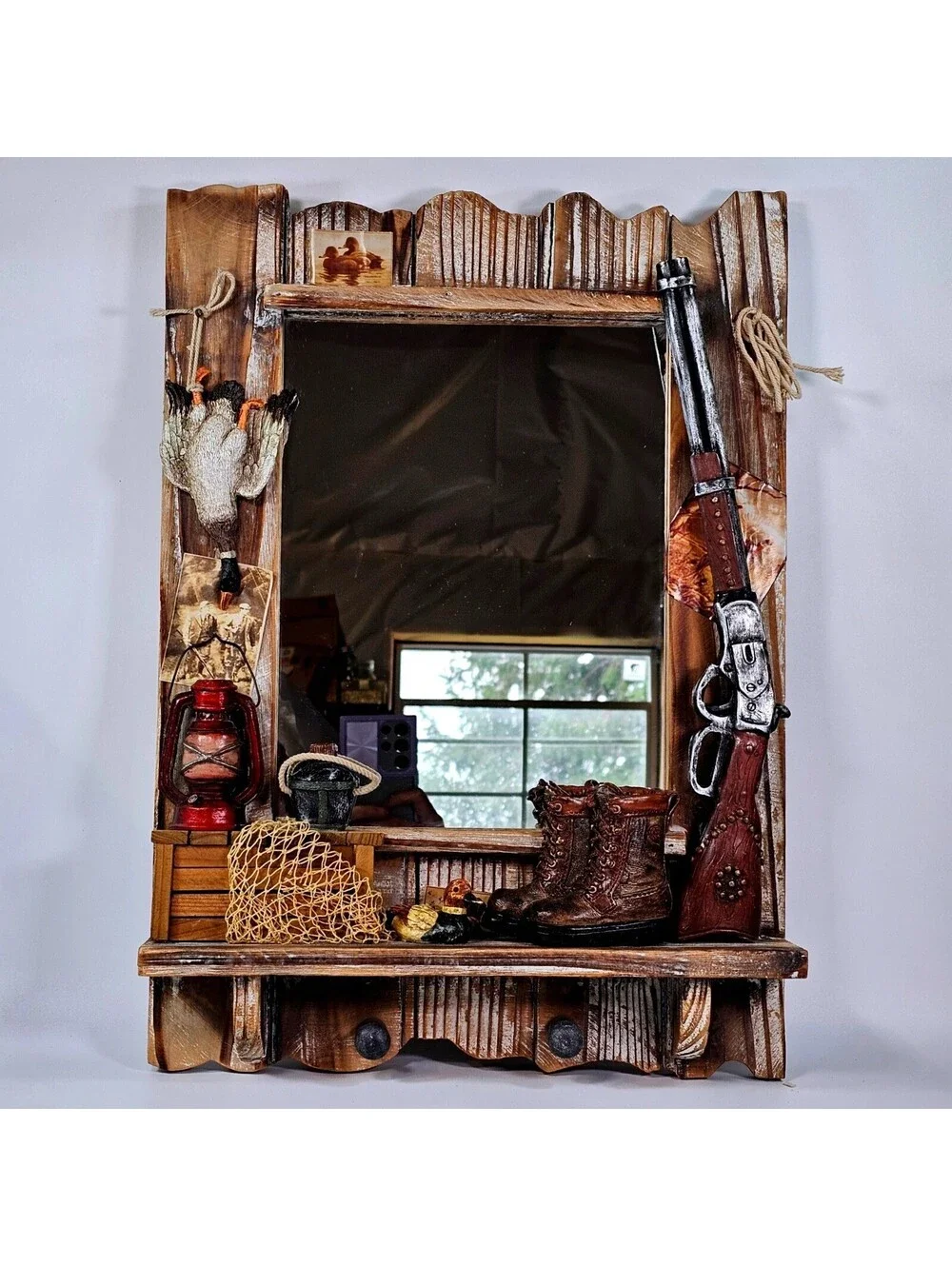 Rustic Hunting Fishing Wall Mirror Lodge Cabin Decor with Shelf and Hooks 19in